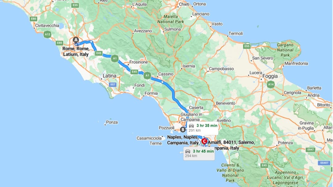 Rome-Napels-Amalfi route kaart